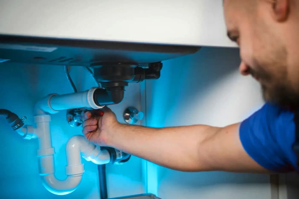 Techniker arbeitet an einer Rohrleitung unter einem Waschbecken